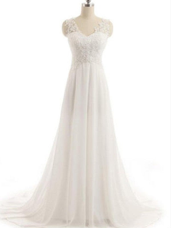 A-Line/Princess Sleeveless Train Sweep/Brush V-neck Lace Chiffon Wedding Dresses