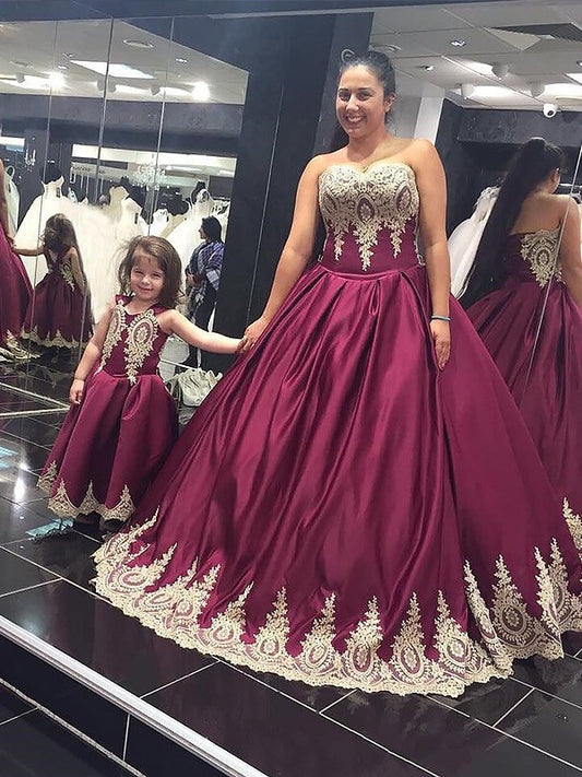 Satin Sweetheart Sleeveless Ball Gown Floor-Length Applique Plus Size Dresses
