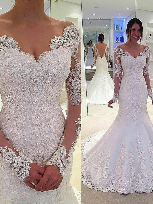 Sleeves Train Long Trumpet/Mermaid V-neck Lace Court Tulle Wedding Dresses