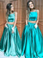 A-Line/Princess Ruffles Square Floor-Length Sleeveless Satin Two Piece Dresses
