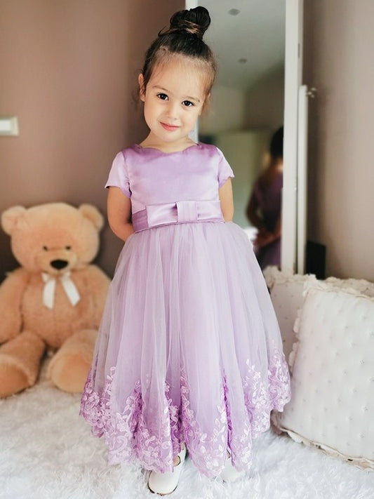 Scoop Sleeves Lace Tulle A-Line/Princess Short Ankle-Length Flower Girl Dresses