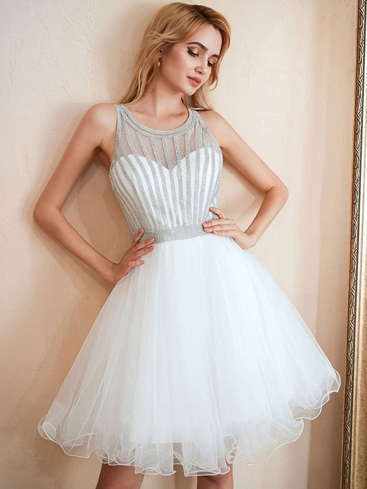 Beading Sleeveless A-Line/Princess Scoop Tulle Short/Mini Homecoming Dresses