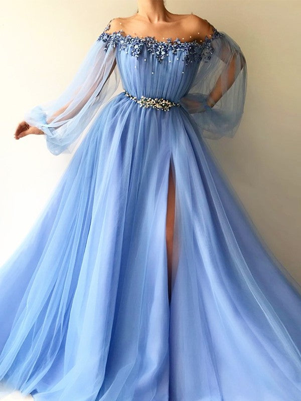 A-Line/Princess Long Tulle Sleeves Off-the-Shoulder Beading Floor-Length Dresses