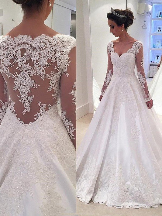 V-neck Lace Gown Sleeves Train Court Long Ball Satin Wedding Dresses