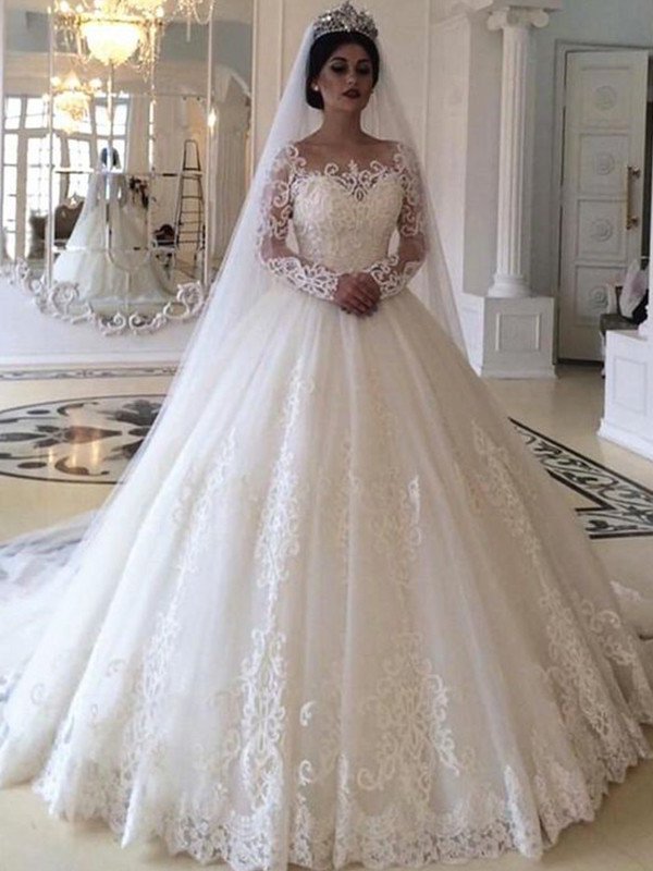 Ball Tulle Applique Sweep/Brush Sleeves Off-the-Shoulder Long Gown Train Wedding Dresses