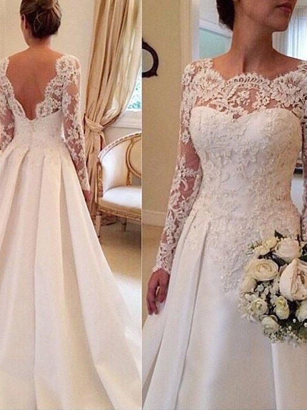 Court Long Gown Lace Ball Train Scoop Sleeves Satin Wedding Dresses