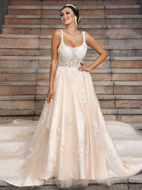 Sleeveless Straps A-Line/Princess Tulle Applique Court Train Wedding Dresses