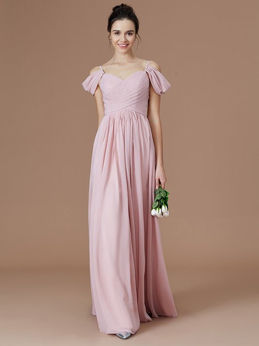 Ruched Sleeveless Off-the-Shoulder Floor-Length A-Line/Princess Chiffon Bridesmaid Dresses