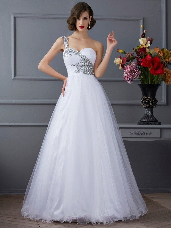 Long Sleeveless One-Shoulder Gown Elastic Beading Ball Woven Satin Quinceanera Dresses