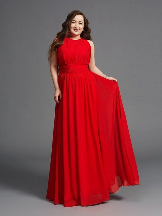 A-Line/Princess Sleeveless Chiffon Long Jewel Ruched Plus Size Dresses