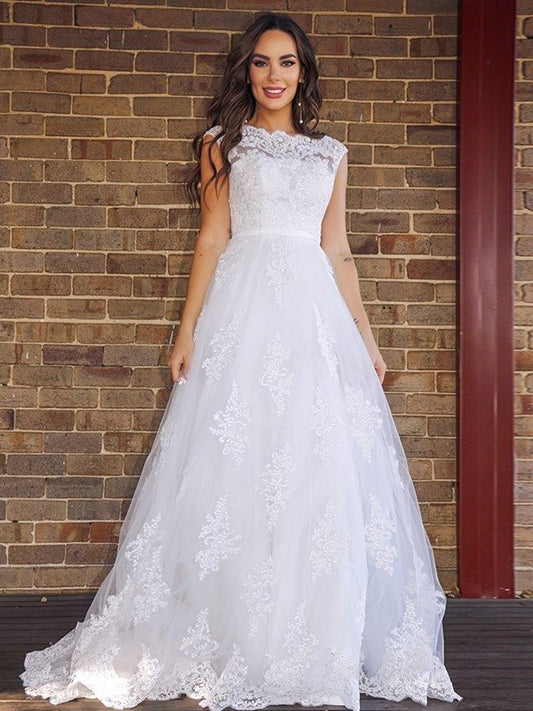 A-Line/Princess Scoop Sleeveless Lace Sweep/Brush Train Wedding Dresses