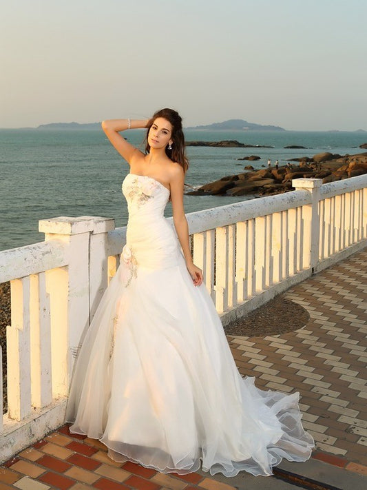Satin Long Strapless Flower Gown Ball Hand-Made Sleeveless Beach Wedding Dresses