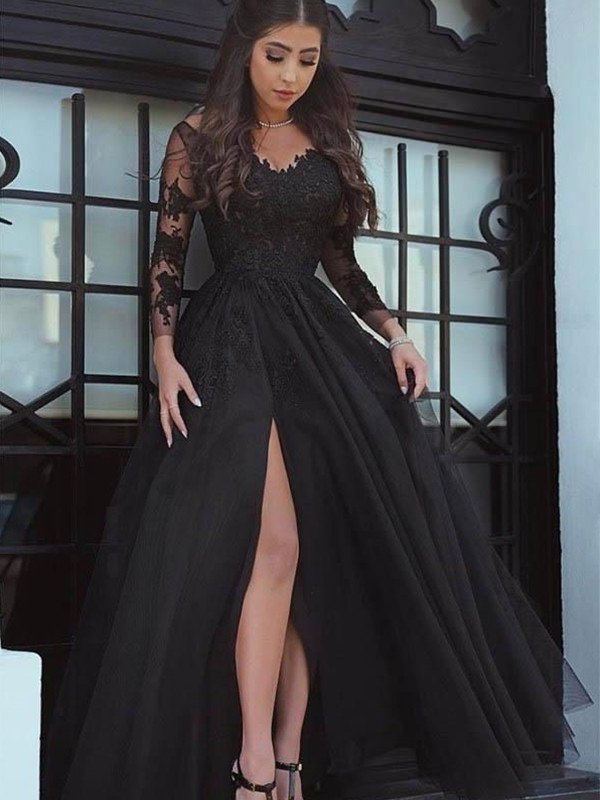 Off-the-Shoulder Gown Long Sleeves Floor-Length Ball Tulle Applique Dresses