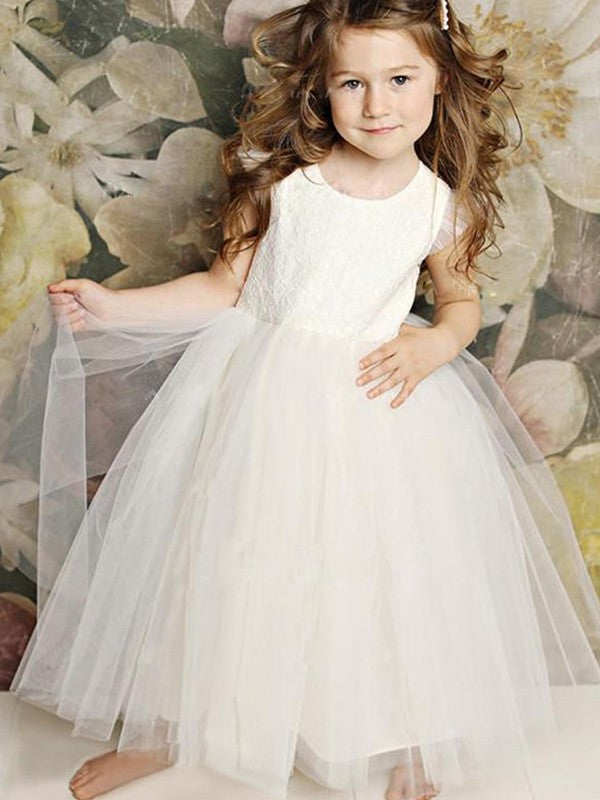 Short Scoop Sleeves Lace A-Line/Princess Floor-Length Tulle Flower Girl Dresses