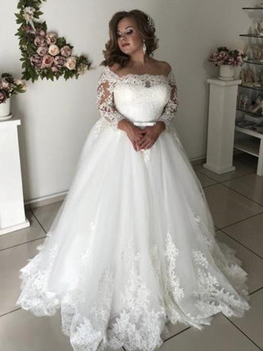 Lace Sweep/Brush Off-the-Shoulder A-Line/Princess Long Train Sleeves Tulle Wedding Dresses