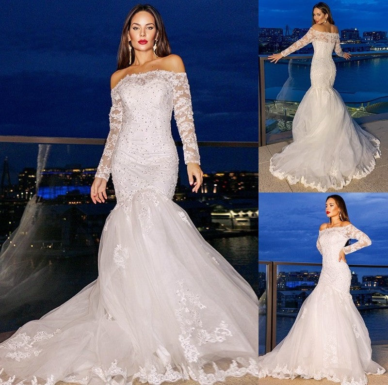 Off-the-Shoulder Trumpet/Mermaid Lace Tulle Sleeves Sweep/Brush Long Train Wedding Dresses