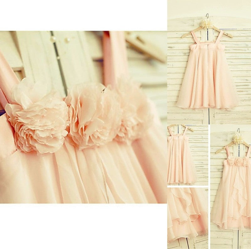 Tea-Length Sleeveless Chiffon A-line/Princess Spaghetti Straps Ruffles Flower Girl Dresses