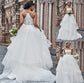 Spaghetti Sweep/Brush Tulle Sleeveless Ruffles A-Line/Princess Straps Train Wedding Dresses