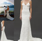 V-neck Straps Court Train Sleeveless Sheath/Column Spaghetti Lace Wedding Dresses