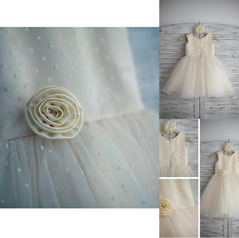 Hand-made Scoop Tulle Flower A-line/Princess Sleeveless Tea-Length Flower Girl Dresses