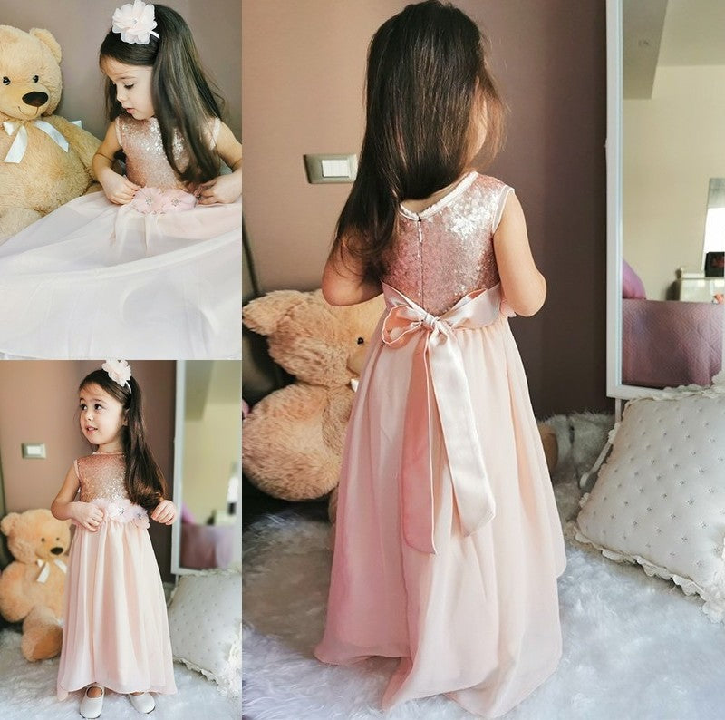 A-Line/Princess Scoop Sleeveless Floor-Length Chiffon Sequin Flower Girl Dresses