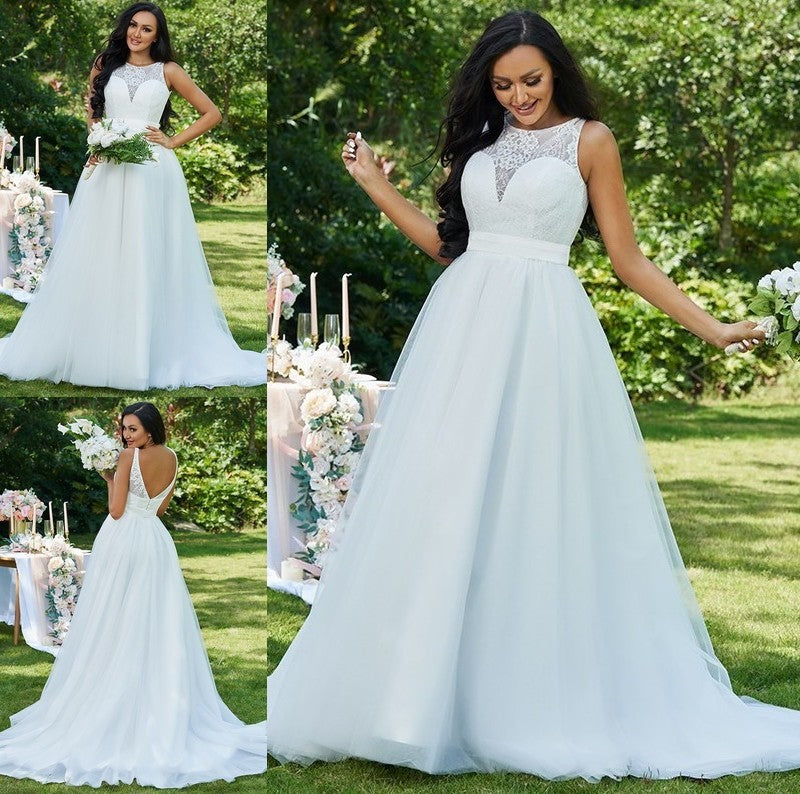 Sleeveless Scoop Sweep/Brush Lace Tulle A-Line/Princess Train Wedding Dresses