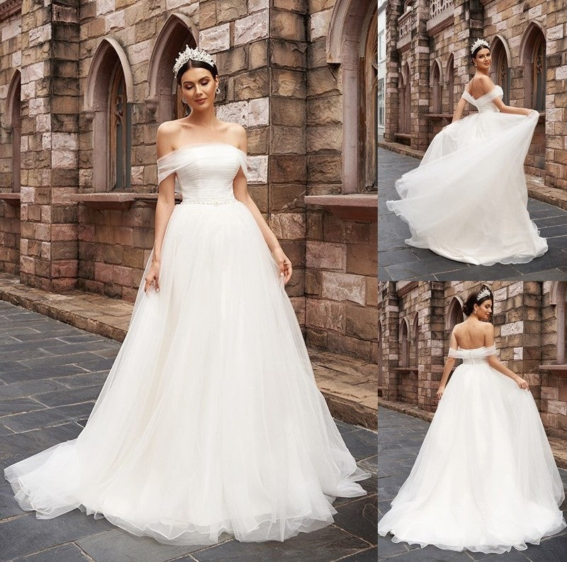 Tulle Sweep/Brush Sleeveless Off-the-Shoulder Ruched A-Line/Princess Train Wedding Dresses