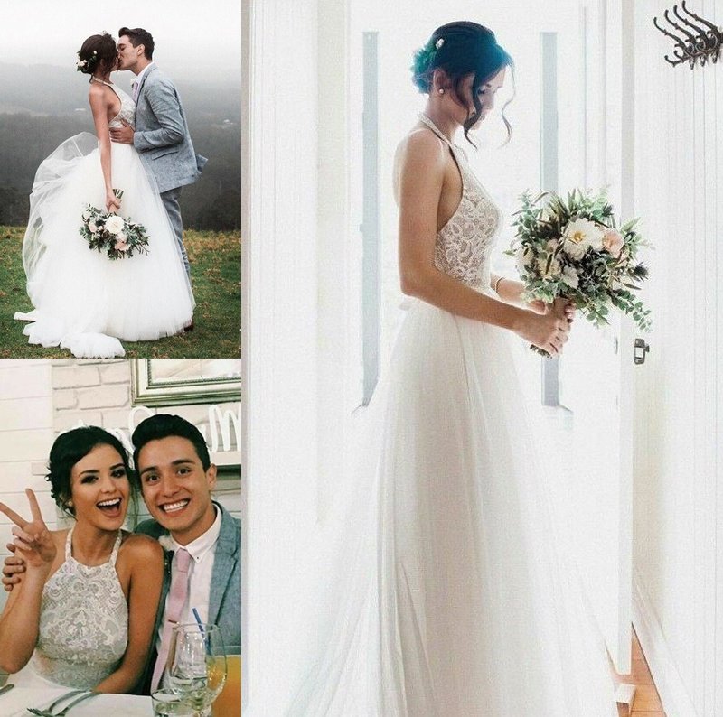 Halter Tulle A-Line/Princess Sleeveless Lace Floor-Length Wedding Dresses