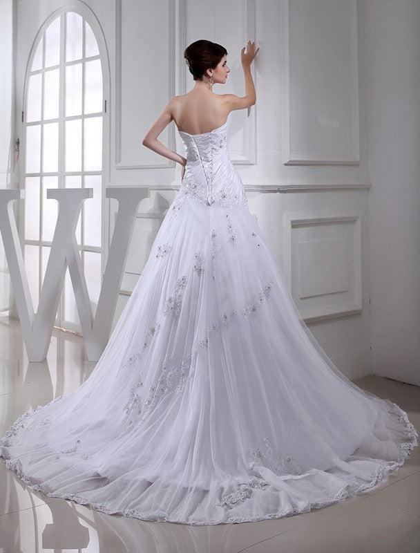 A-Line/Princess Sleeveless Long Strapless Tulle Beading Taffeta Wedding Dresses