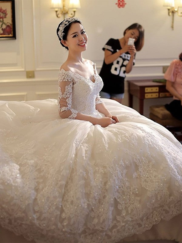 Beading 3/4 Applique Train Sleeves Off-the-Shoulder Gown Ball Cathedral Tulle Wedding Dresses