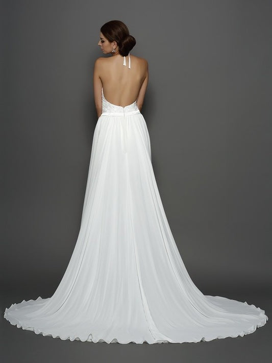 High Lace Sleeveless A-Line/Princess Neck Long Chiffon Wedding Dresses