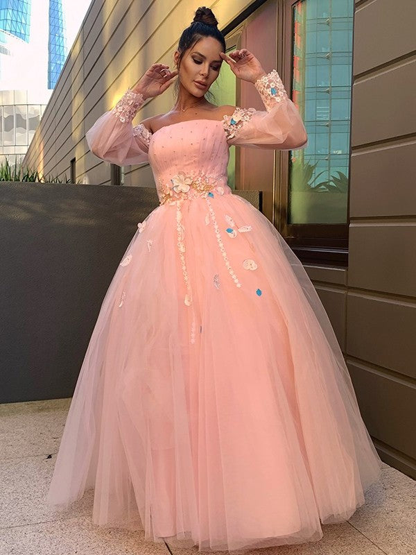 Tulle Flower Gown Ball Hand-Made Long Sleeves Off-the-Shoulder Floor-Length Dresses