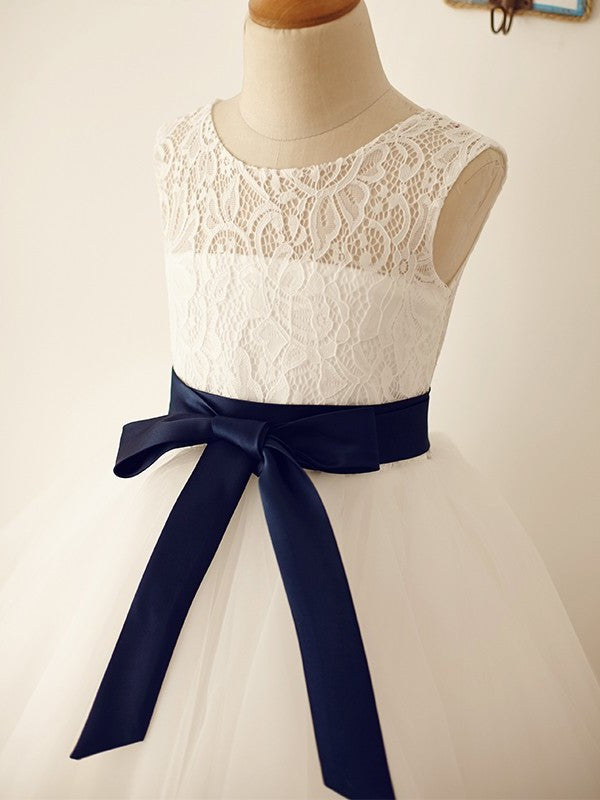 Sleeveless Sash/Ribbon/Belt Scoop Tea-Length A-Line/Princess Tulle Flower Girl Dresses