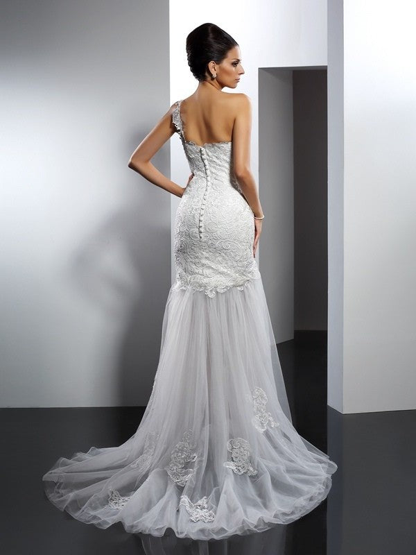 One-Shoulder Sleeveless Trumpet/Mermaid Lace Long Lace Wedding Dresses