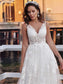A-Line/Princess V-neck Sleeveless Applique Sweep/Brush Tulle Train Wedding Dresses