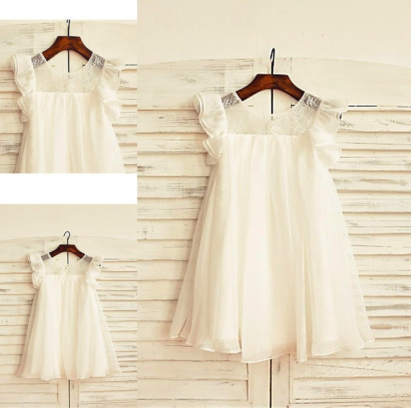 Chiffon Scoop Sleeves Tea-Length Lace A-line/Princess Short Flower Girl Dresses
