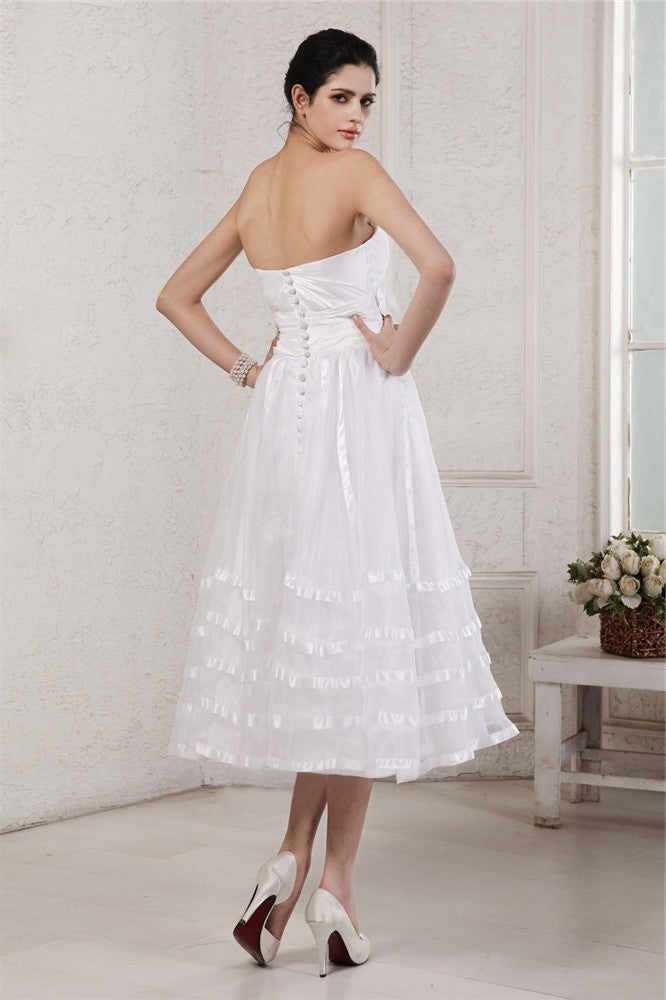 Pleats Flower Organza A-Line/Princess Short Hand-Made Strapless Sleeveless Taffeta Wedding Dresses