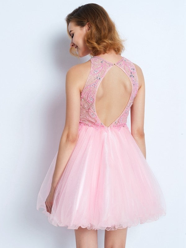 A-line/Princess Sleeveless Jewel Short/Mini Lisa Net Ruffles Dresses Homecoming Dresses