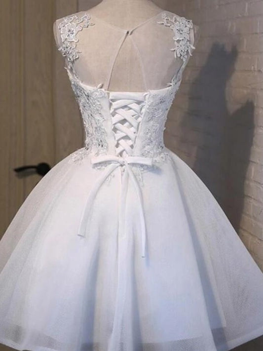 Sheer Neck A-Line/Princess Tulle Applique Sleeveless Short/Mini Homecoming Dresses