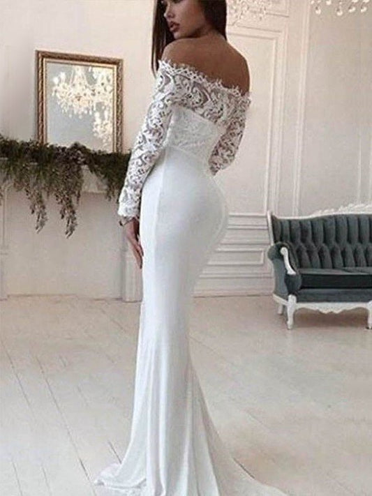 Trumpet/Mermaid Long Lace Off-the-Shoulder Court Train Sleeves Chiffon Wedding Dresses