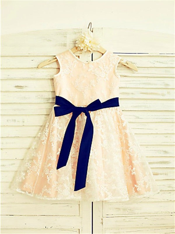 Ankle-Length A-line/Princess Sleeveless Bowknot Scoop Lace Flower Girl Dresses
