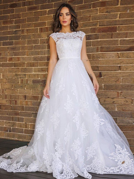 A-Line/Princess Scoop Sleeveless Lace Sweep/Brush Train Wedding Dresses