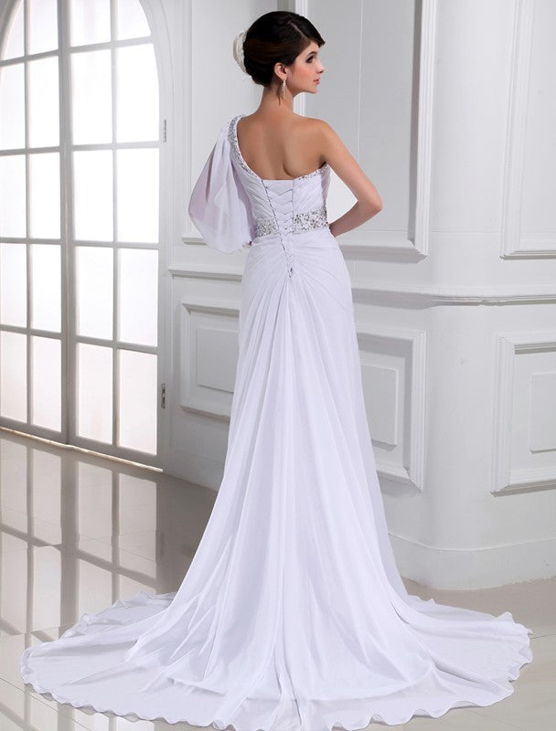 A-Line/Princess One-sleeve Beading One-shoulder Chiffon Wedding Dresses