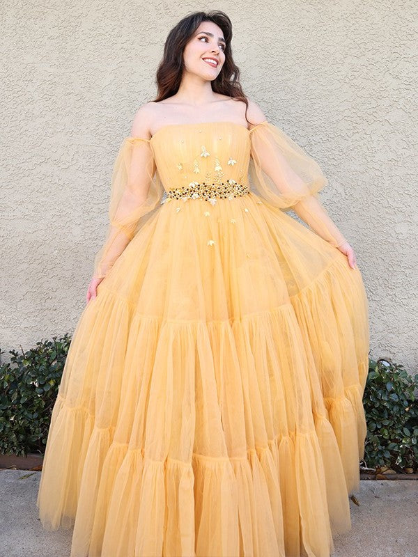 Beading Off-the-Shoulder Long A-Line/Princess Tulle Sleeves Floor-Length Dresses