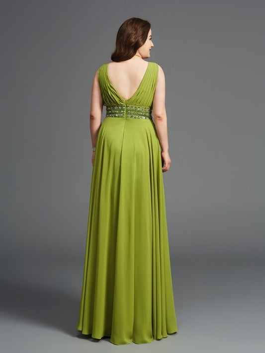 Long Chiffon Sleeveless A-Line/Princess Straps Rhinestone Plus Size Dresses