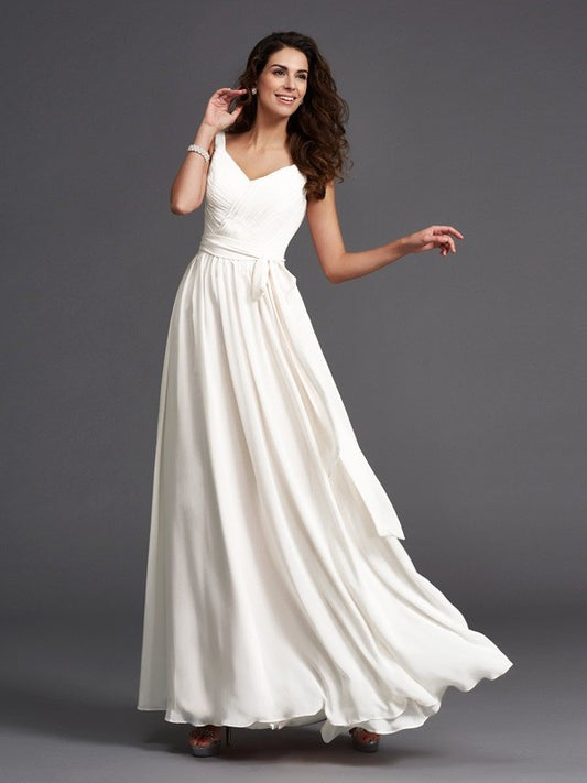Long Sleeveless Straps A-Line/Princess Sash/Ribbon/Belt Chiffon Bridesmaid Dresses
