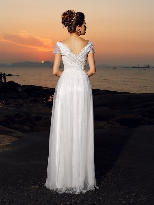 Long A-Line/Princess Short Sleeves Tulle Beading Off-the-Shoulder Beach Wedding Dresses