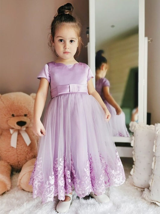 Scoop Sleeves Lace Tulle A-Line/Princess Short Ankle-Length Flower Girl Dresses