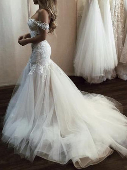 Trumpet/Mermaid Sweep/Brush Off-the-Shoulder Applique Sleeveless Tulle Train Wedding Dresses