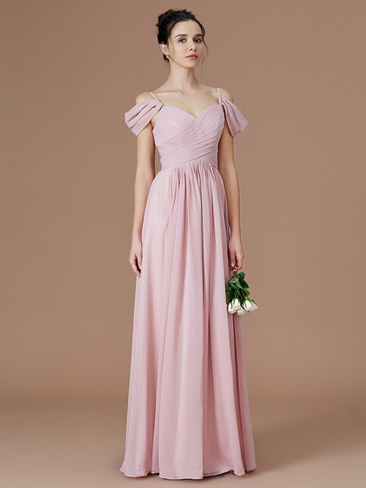 Ruched Sleeveless Off-the-Shoulder Floor-Length A-Line/Princess Chiffon Bridesmaid Dresses